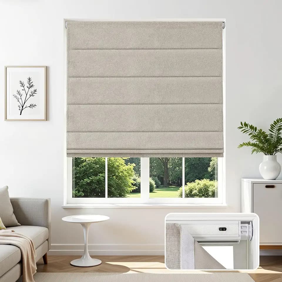 Joydeco Blackout Cordless Roman Shades No Drill, 33.5" W × 72" H, Linen