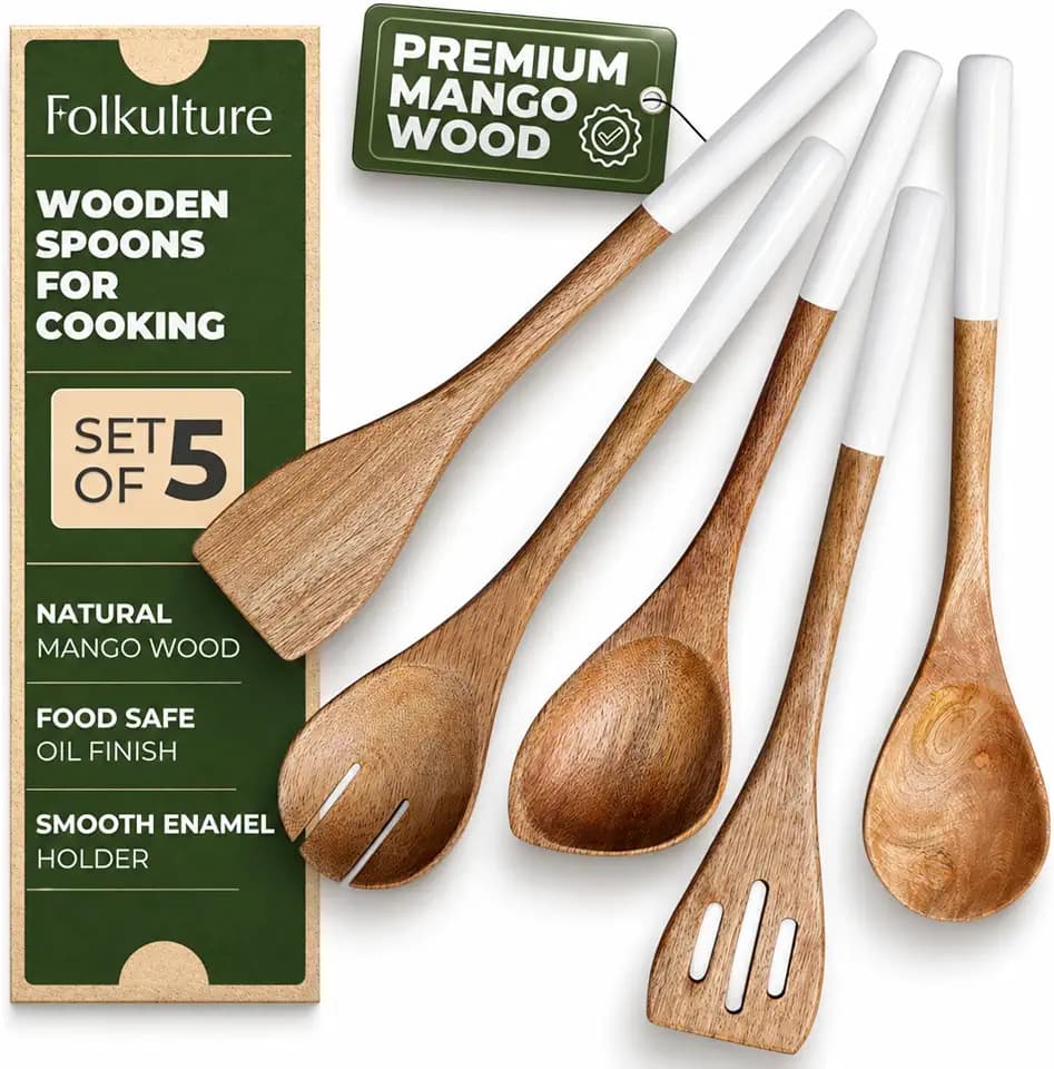 Folkulture Premium Wooden Spoons for Cooking,Kitchen Utensils Set of 5(12")