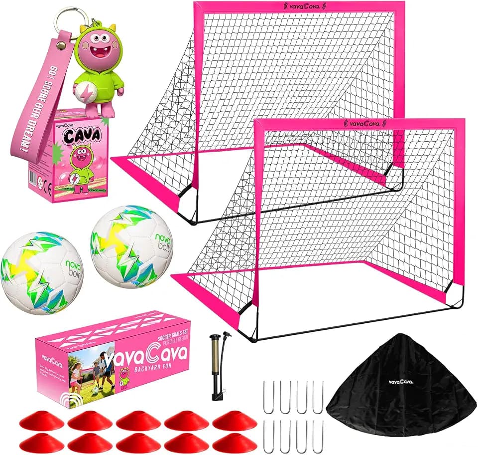 VavaCava 4'x3' Pink Soccer Goal Set, 2 Goals, 2 Balls, Keychain, 10 Cones, Pump, Carry Bag, Portable PopUp Soccer net for Backyard, SGS Certificate