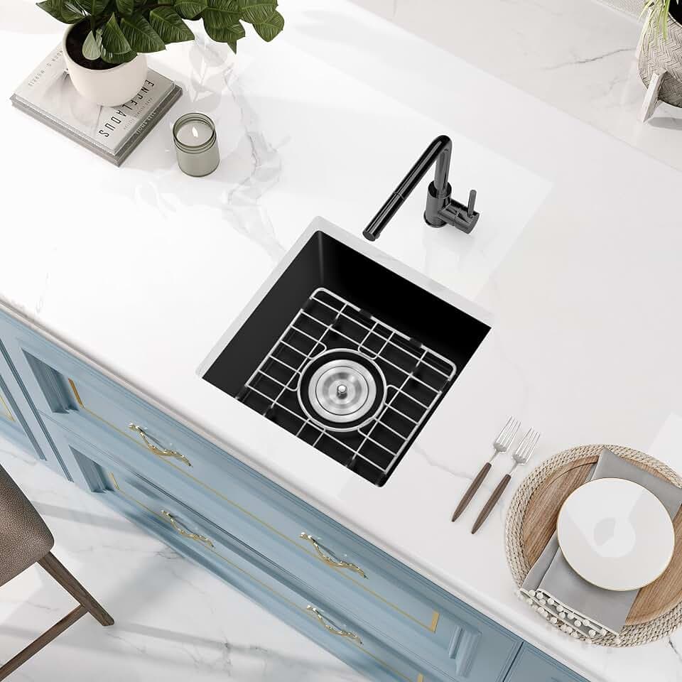 Rhbamoa Black Bar Sink Granite Composite,15''x15'' Bar Sink Undermount