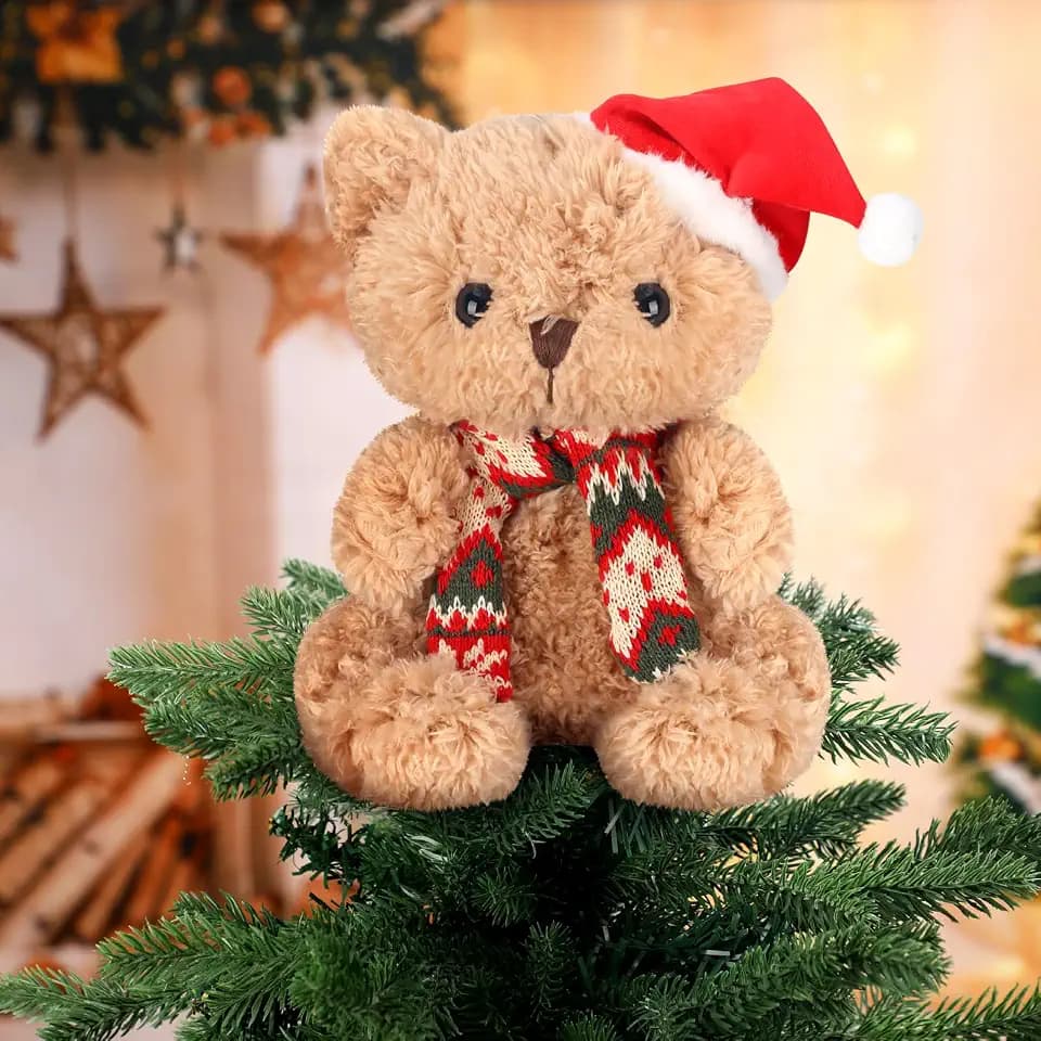 Gejoy 9" H Plush Bear Christmas Tree Topper with Santa Hat Scarf