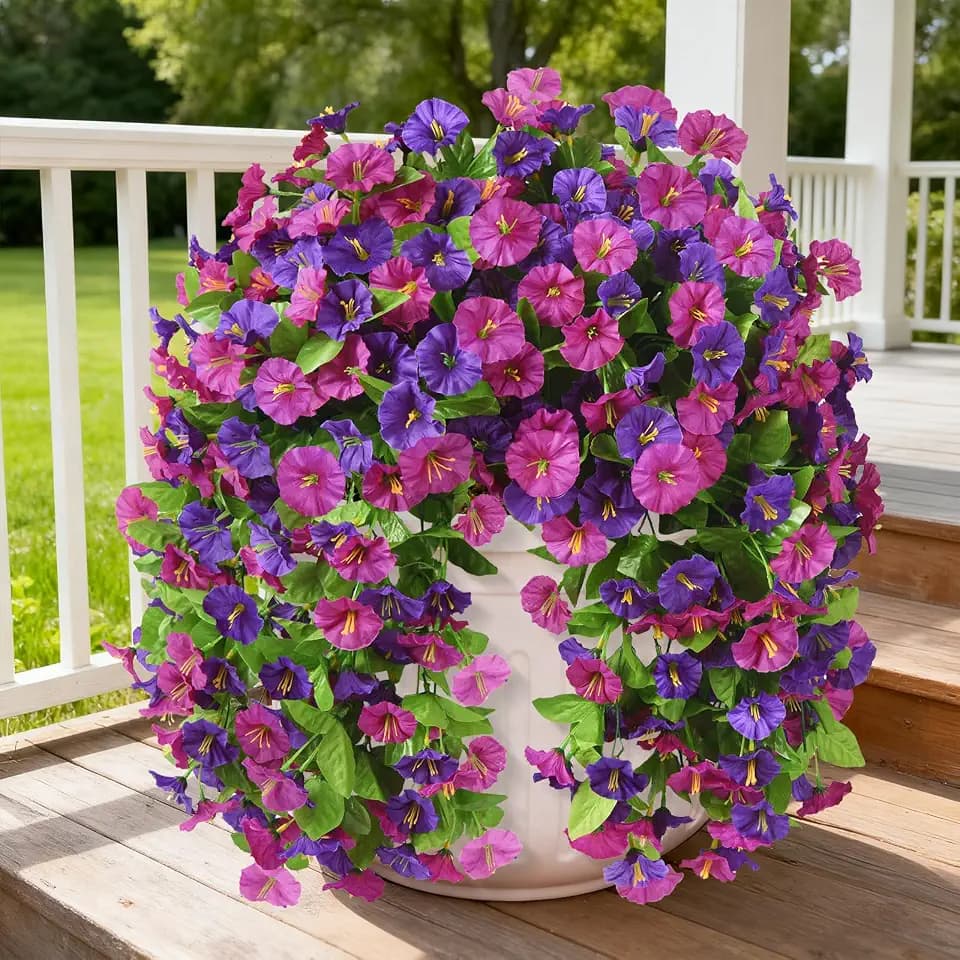 INQCMY Artificial Flowers for Outdoor Spring Summer Decoration Faux Silk Morning Glory Fake Hanging Flowers UV Resistant Look Real for Home Porch (Magenta&Deep Purple-2B)