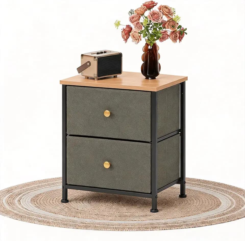 Simple Deluxe Nightstand 2 Drawers Dresser for Bedroom, 3-Tier Bedside Table with Fabric Bins, End Table for Living Room, Adjustable Feet, Wood Top Load-Bearing up to 44 lb, Dark Green