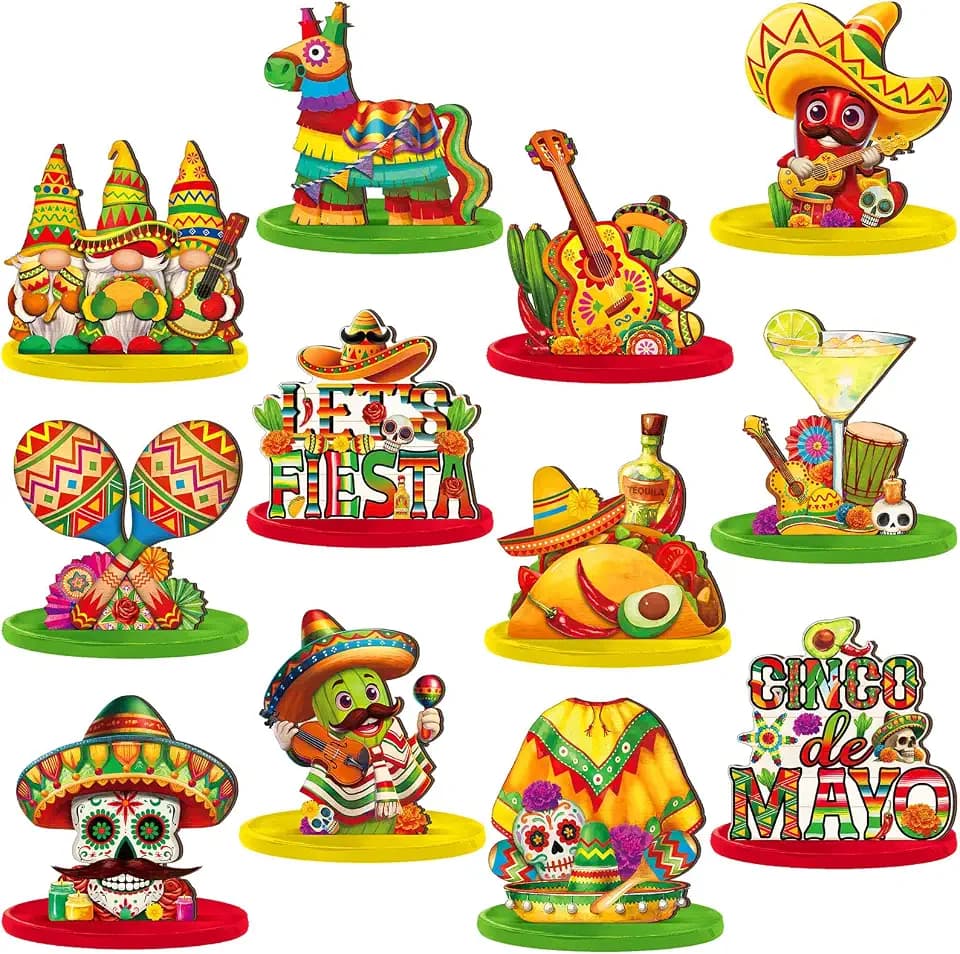 Wesiti 12 Pcs Cinco De Mayo Table Decorations Mexican Fiesta Party Decorations Wooden Cinco De Mayo Centerpiece Signs Taco Maracas Guitar Sombreros Table Topper Tiered Tray Decor for Home Office