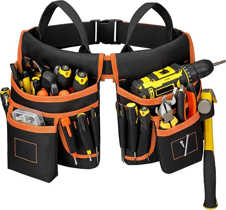 Tool Belt for Men - Tool Pouch for Waist Up to 52” with 18 Pockets 19 Webbing Loops Dual-Side Buckle With Magnet Holster Heavy Duty Tool Bag Organizer for Electrician Carpenter Gift for Men Boyfriend