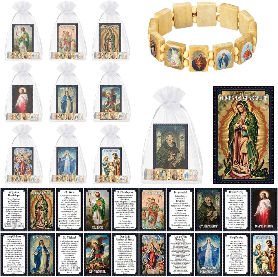 Huquary Catholic Gifts Set Catholic Saint Prayer Cards Holy Rosary Bracelets Devotional Wood with Bags Religious First Communion Baptisms Easter Gift Bulk for Christian Party Favor