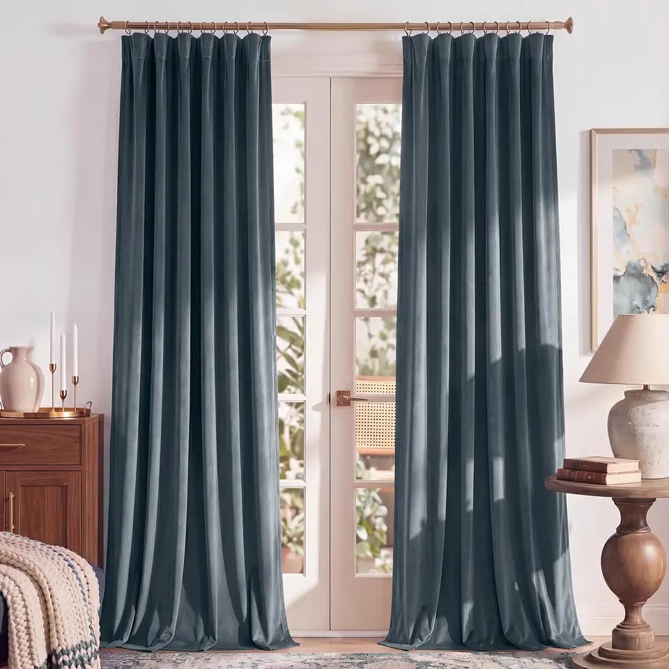 RYB HOME Dusty Blue Velvet Blackout Curtains 90 inches Long for Living Room