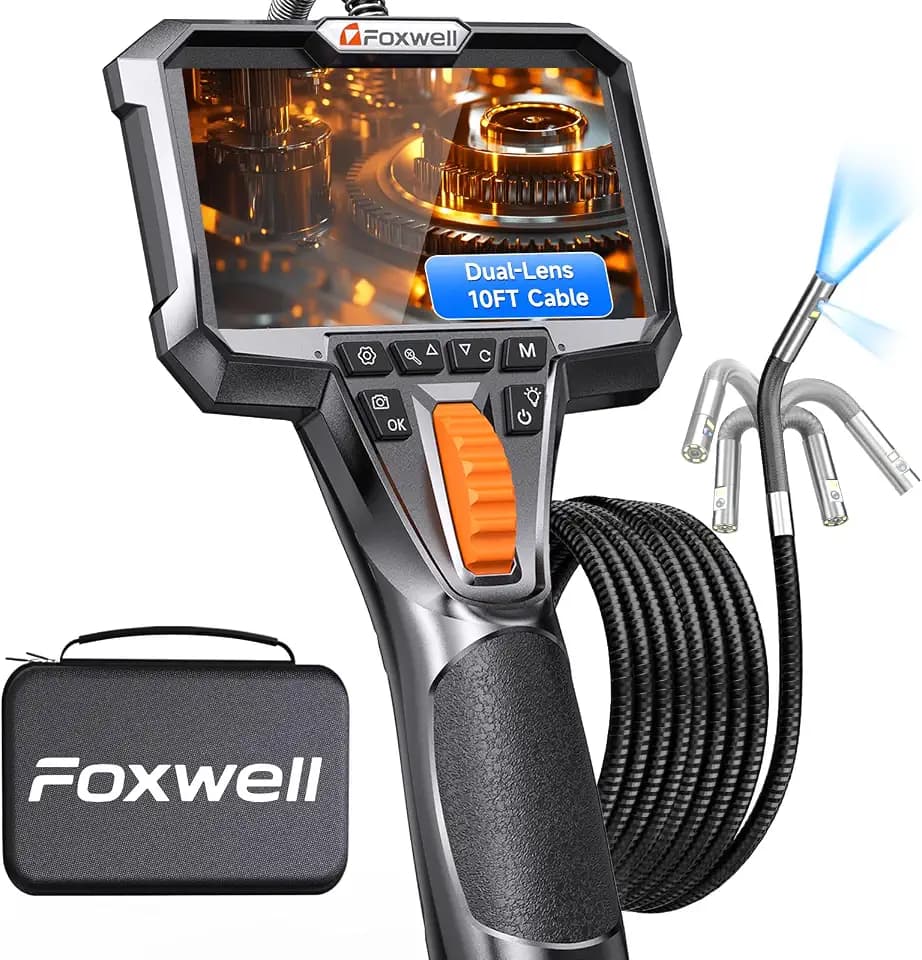FOXWELL 10FT Dual Lens Borescope, 220° 2-Way Articulating Endoscope Camera