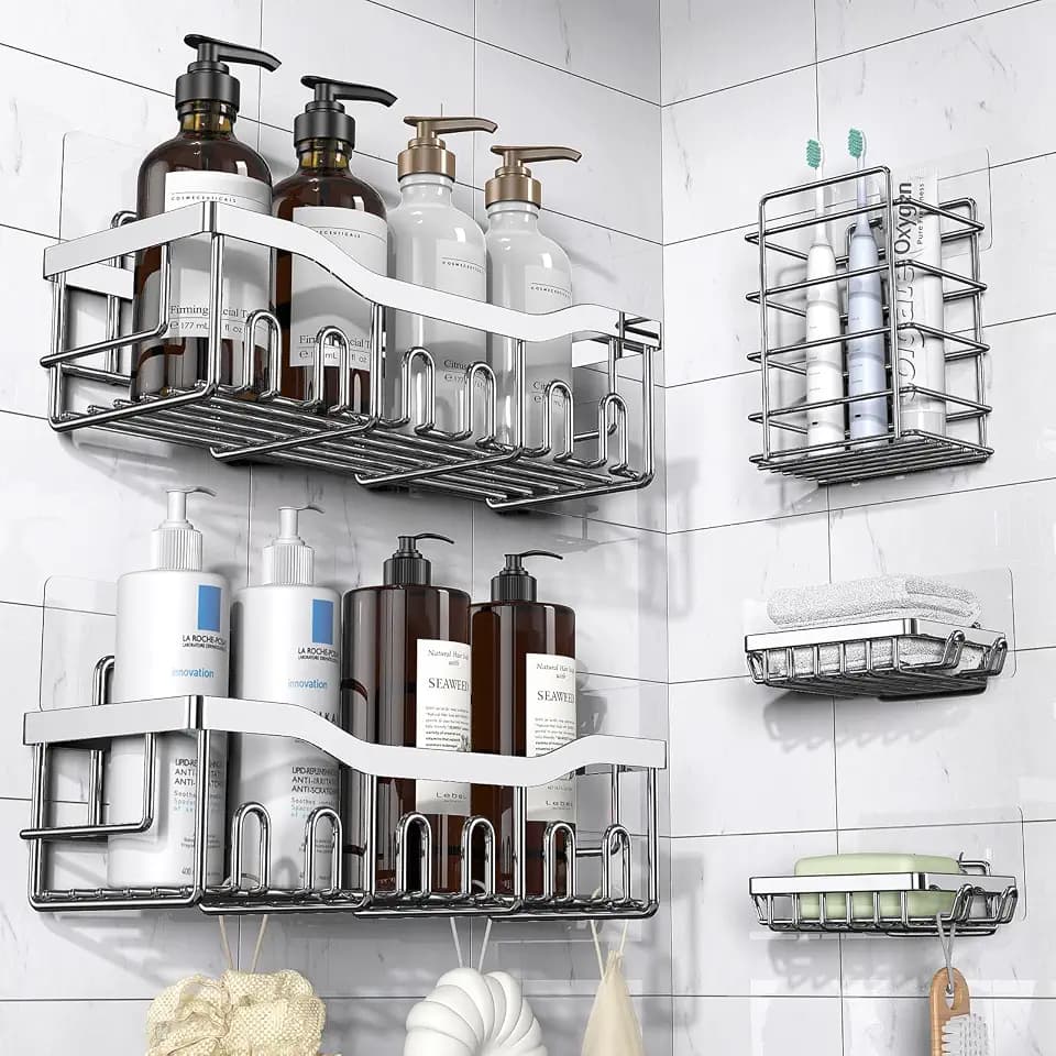 EUDELE 5-Pack Adhesive Shower Caddy Organizer, Large Capacity Rustproof Stainless Steel Shower Shelves, No Drill Bathroom Storage for Shower, Kitchen & Home Decor