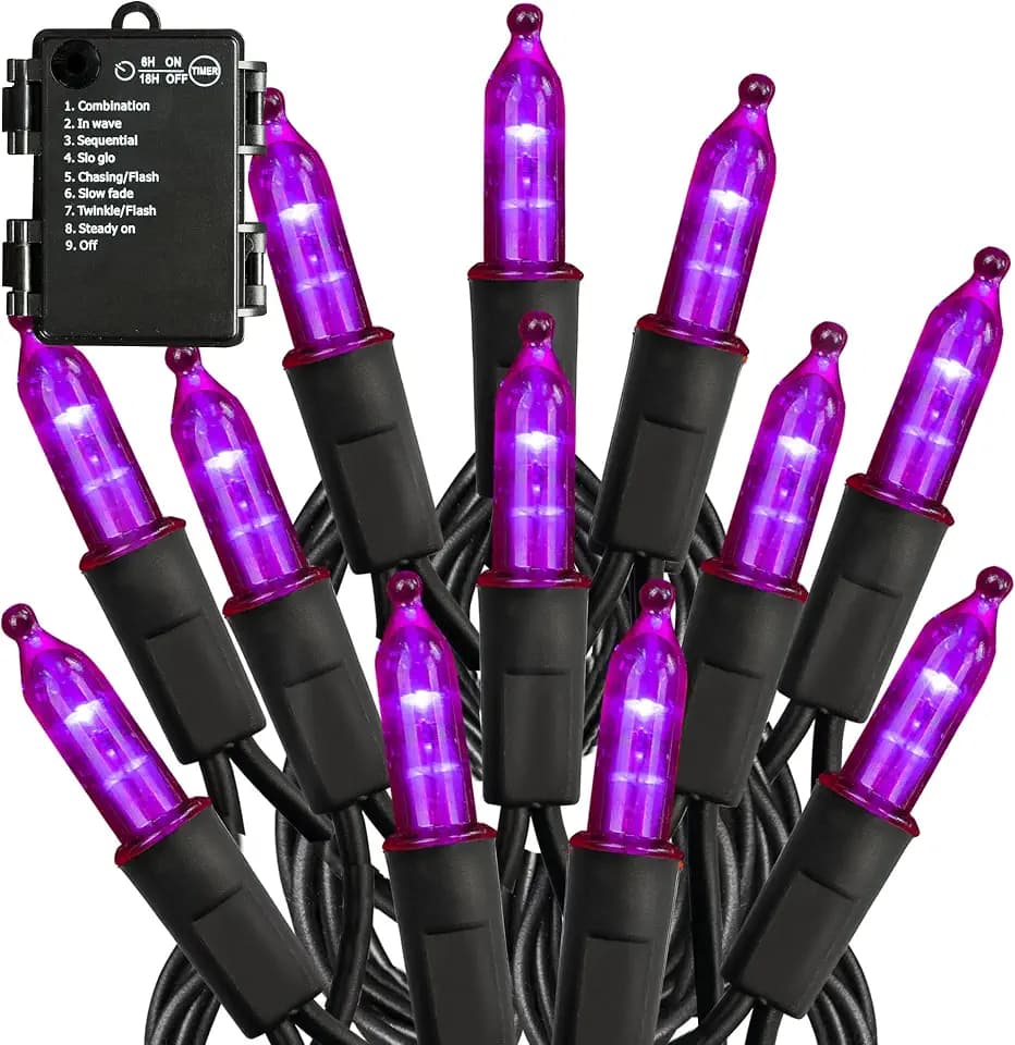 TW SHINE Battery Operated Halloween Lights, 50 LED 16FT Purple String Lights Outdoor, Waterproof Mini String Tree Light with 8 Modes, Halloween Decorations for Indoor Patio Garden Party Decor