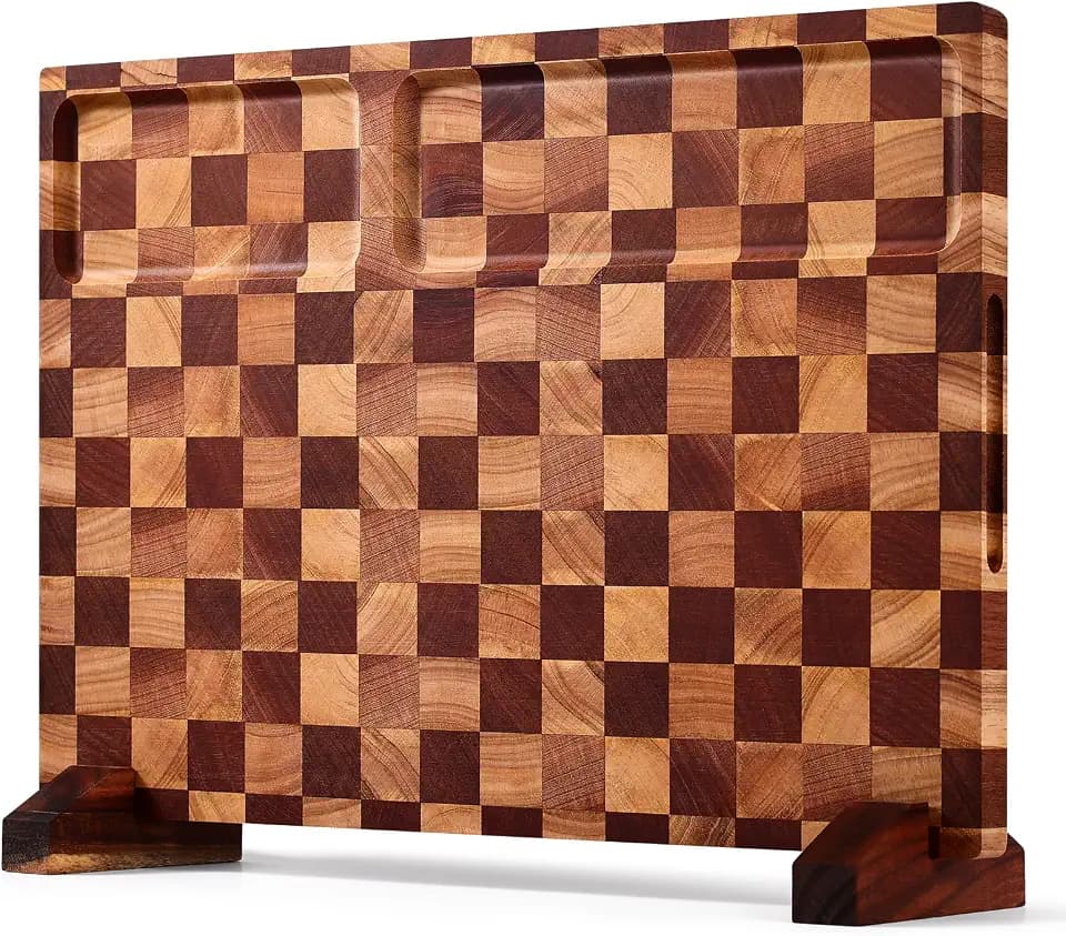 Checkered Cutting Board with Stand, Dual-Sided Wood Cutting Board with Juice Groove, 16.5x11.6 Inch Butcher Block Serving Tray, Chopping Board for Kitchen Gifts