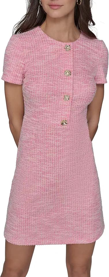Karl Lagerfeld Women's Short Sleeve Gold Button Up Knit Sheath Mini Dress