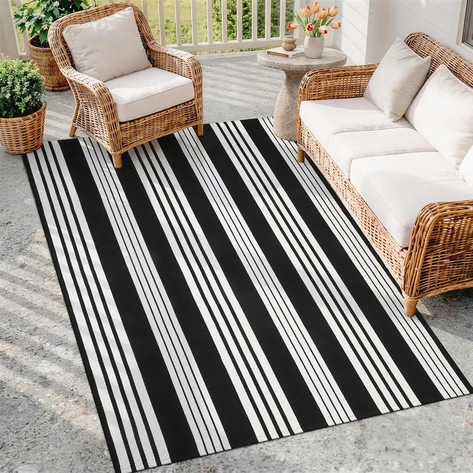 OJIA Black and White Outdoor Rug 4'x6' Washable Patio Rug Porch Camping Rug
