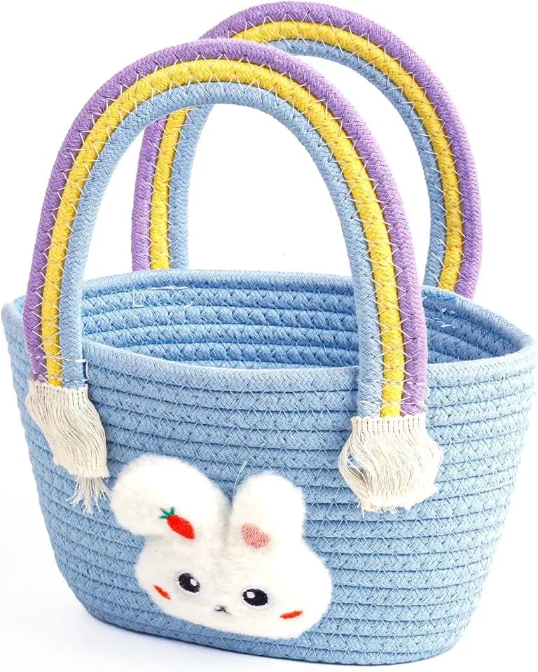Exun Bunny Basket for Kids, Cute Cotton Tote Bag Hand-Woven Handbag with Rainbow Handles, Easter Egg Hunt Basket Bags for Boys, Girls, Toddler, Babies, Easter gift basket Personalized (Blue)