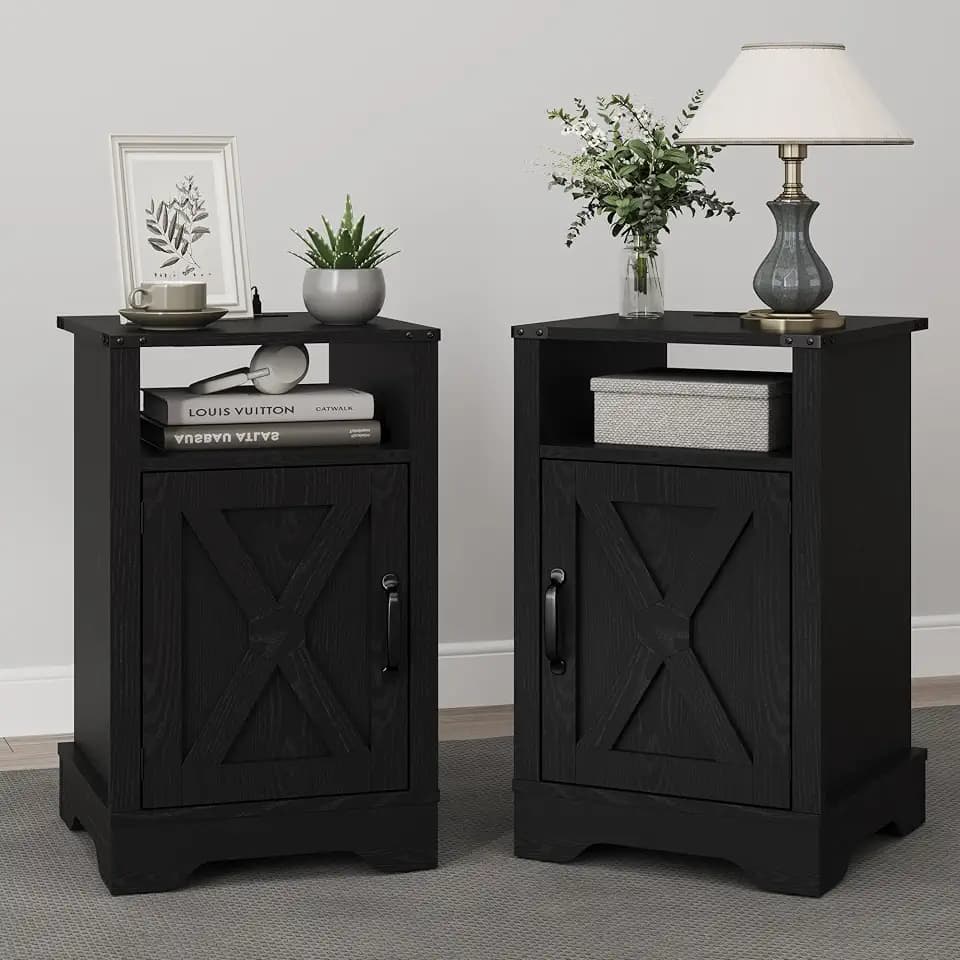 RoyalCraft Farmhouse Nightstand Set of 2, Black End Table for Bedroom