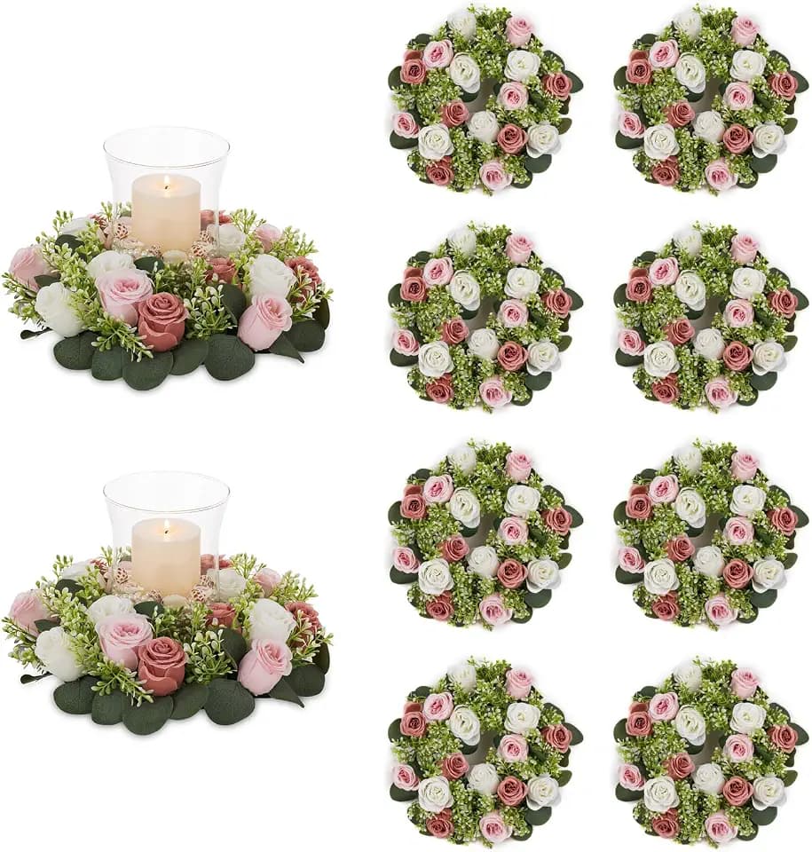 NUPTIO Flower Wedding Centerpieces for Tables: 10 Pcs 14 inch Diam Large Dusty Rose & White Artificial Flowers Fake Roses Candle Rings Wreaths Spring Summer Wreath for Front Door Weddings Party