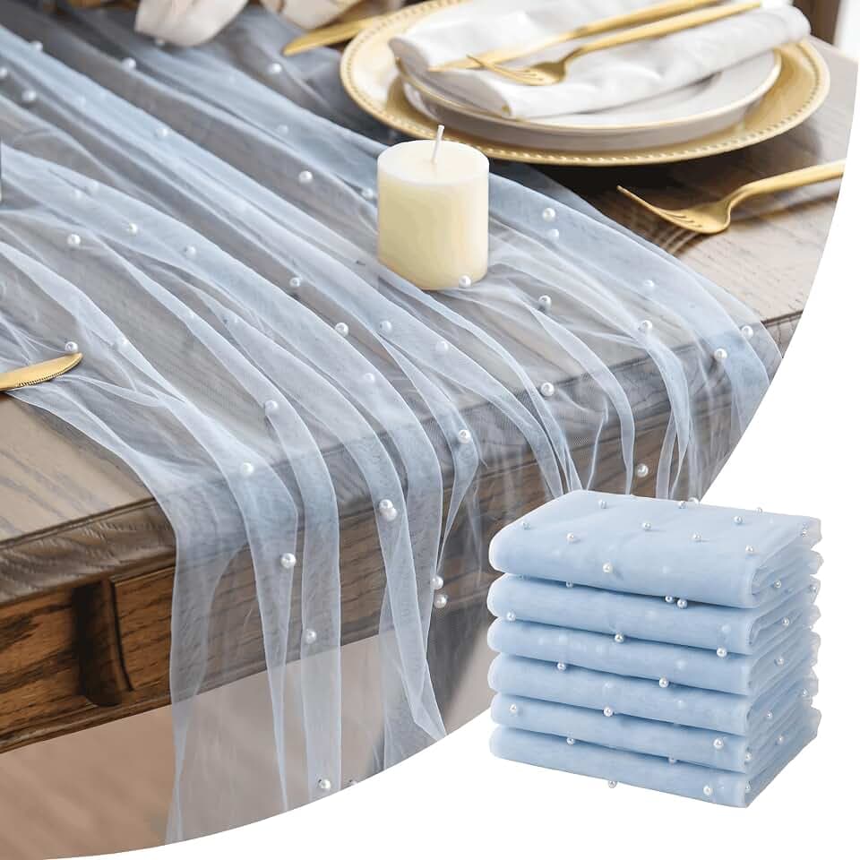 Artoid Mode 6PCS Pearl Blue Gauze Table Runner 120 Inch 10FT, Seasonal Sheer Dining Holiday Wedding Birthday Baby Shower Table Decor for Home Party