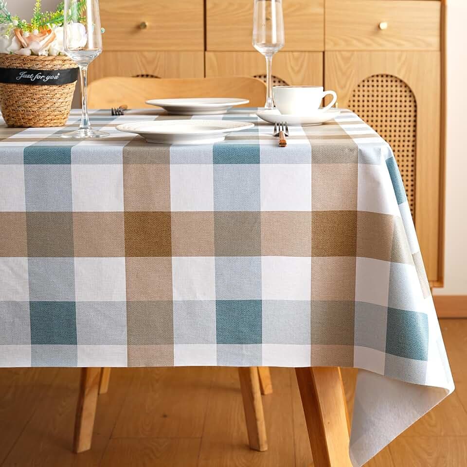 Rectangle Table Cloth, Vinyl Tablecloth, 52" x 70", Blue & Brown