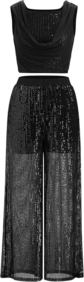 Lyrical Dance Dress Women Cowl Neck Shiny Sequins Crop Top Long Sheer Built-in Short Pant Contemporary Dance Outfits