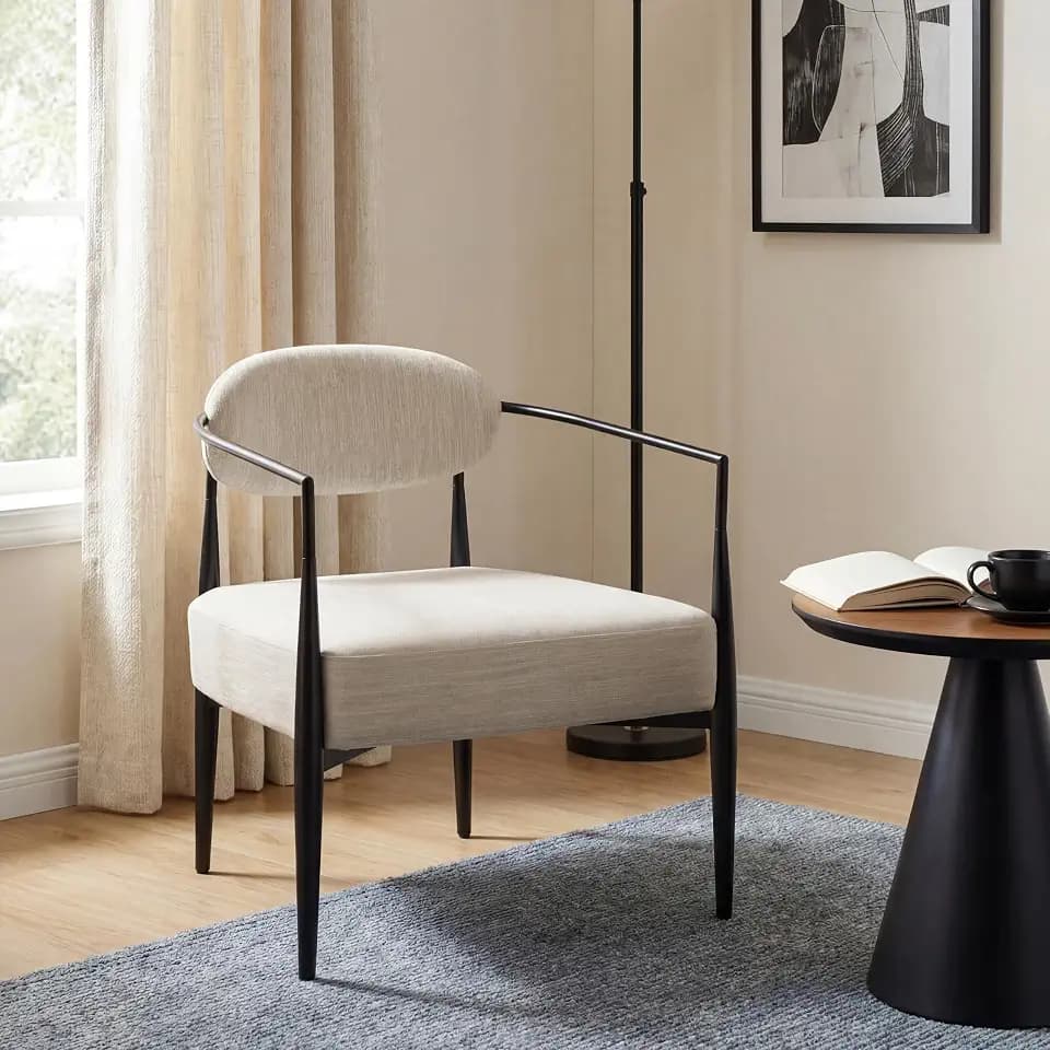 Christopher Knight Home Draxv Accent Chair, Upholstered Club Chair, Curved Backrest Armchair, Metal Frame Tapered Legs, Chic Accent Chair, Soft Seating Chair for Living Room, Reading, Beige+Black