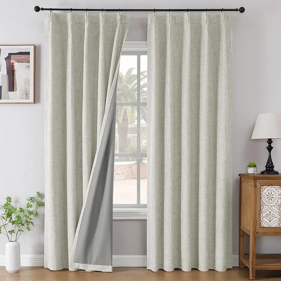 Joydeco Light Beige Pinch Pleated Linen Curtains 108 Inch Long, 100% Blackout Room Darkening Drapes for Bedroom & Living Room, Thermal Insulated Black Out Back Tab Curtain with Hooks, 2 Panels