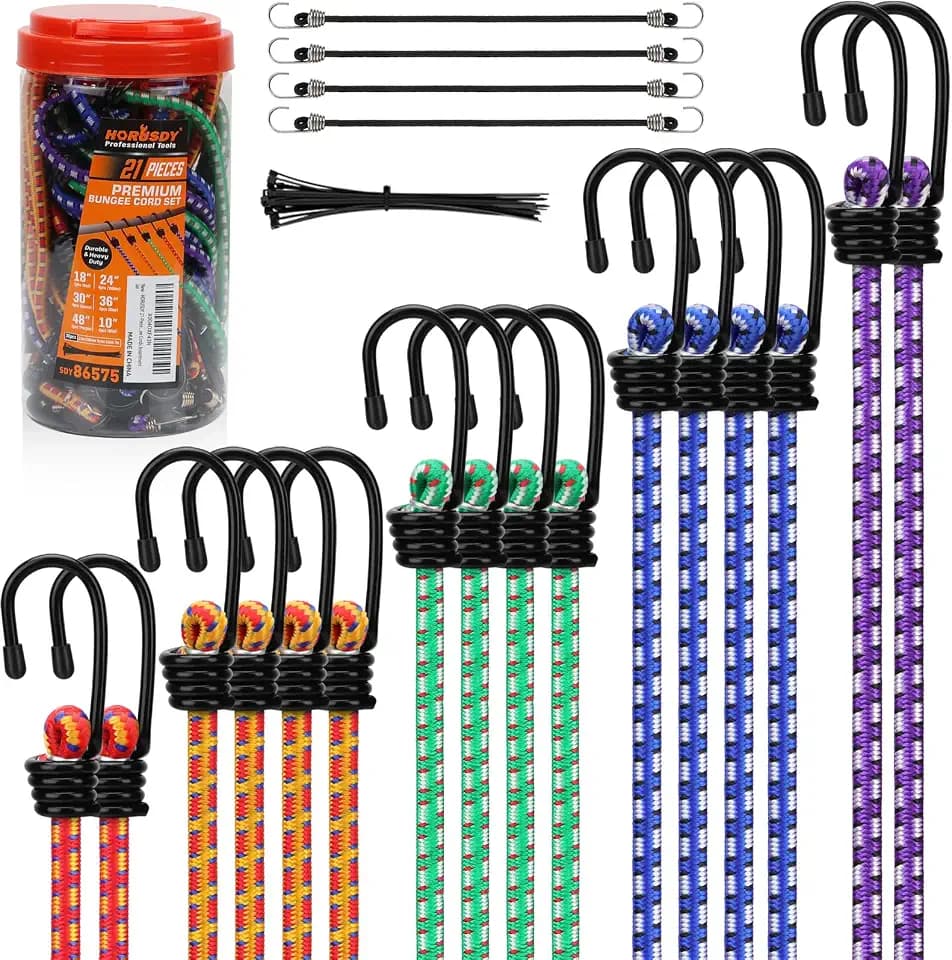 HORUSDY 21 - Piece Bungee Cord Set with Hooks & Straps, 10”/18”/24”/30”/36”/48” Heavy Duty Bungee Cords Assortment for Camping, Truck, Moving, Emergency, Outdoor Storage (30 Nylon Cable Ties Extra)