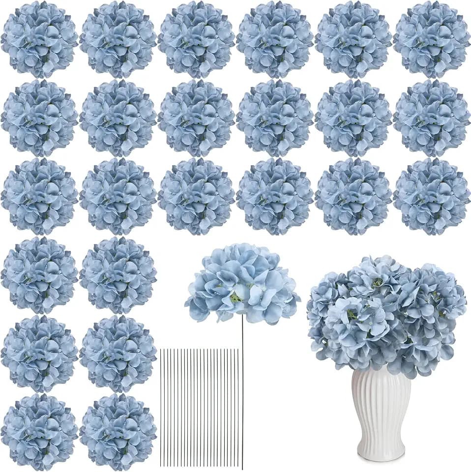 Dusty Blue Hydrangea Artificial Flowers Bulk with Stems 64 Pcs