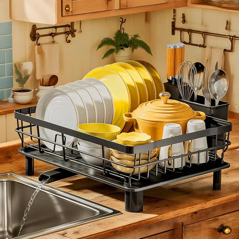 MOUKABAL Dish Drying Rack with Drainboard for Kitchen Counter, Black