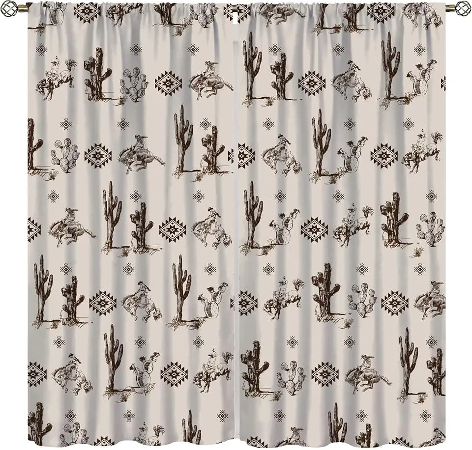 Western Cowboy Curtains, Retro American Wild West Cowboy Aztec Tribal Navajo Southwestern Theme Beige Print Drapes for Kitchen Living Room Bedroom Window Treatment, 42x45 Inch (No Blackout)