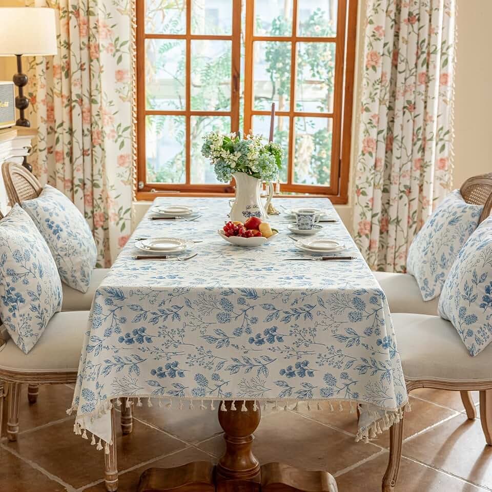 VClife Waterproof Vintage White Blue Floral Rectangle Tablecloth 60 x 102