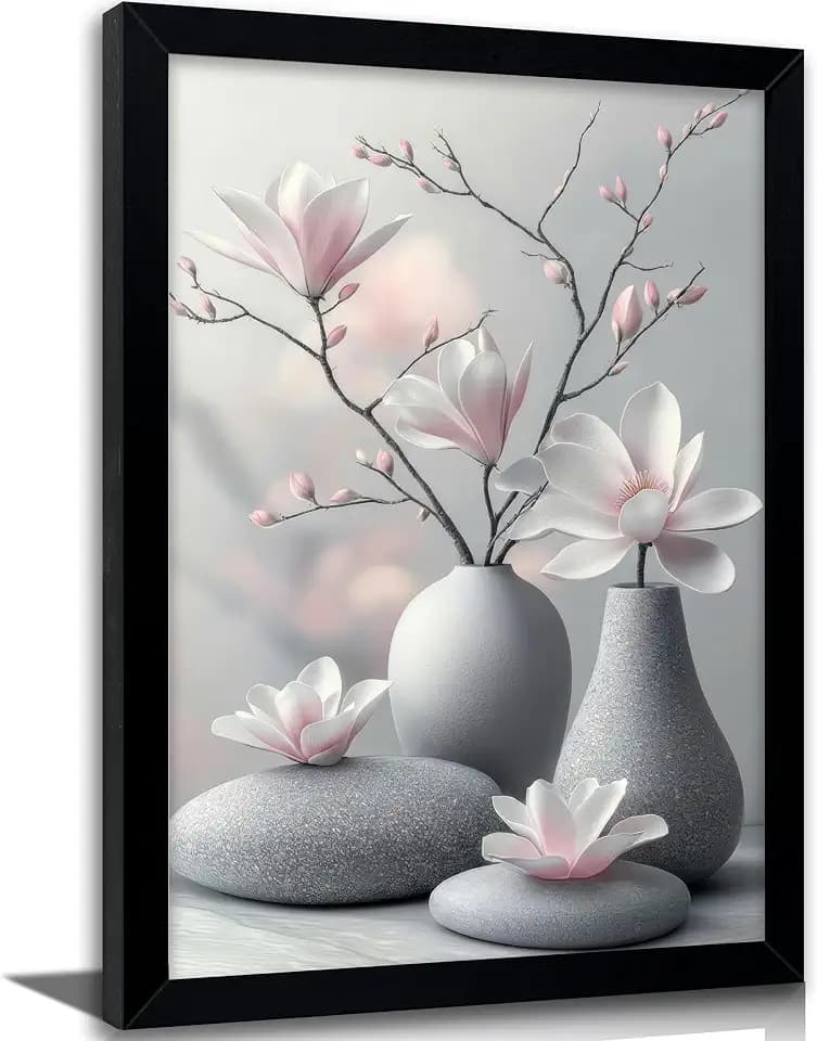 Framed Pink Magnolia Zen Stone Wall Art, Gray Vase Floral Canvas Print, Modern Minimalist Botanical Artwork for Bathroom Bedroom Living Room, Serene Neutral Home Decor