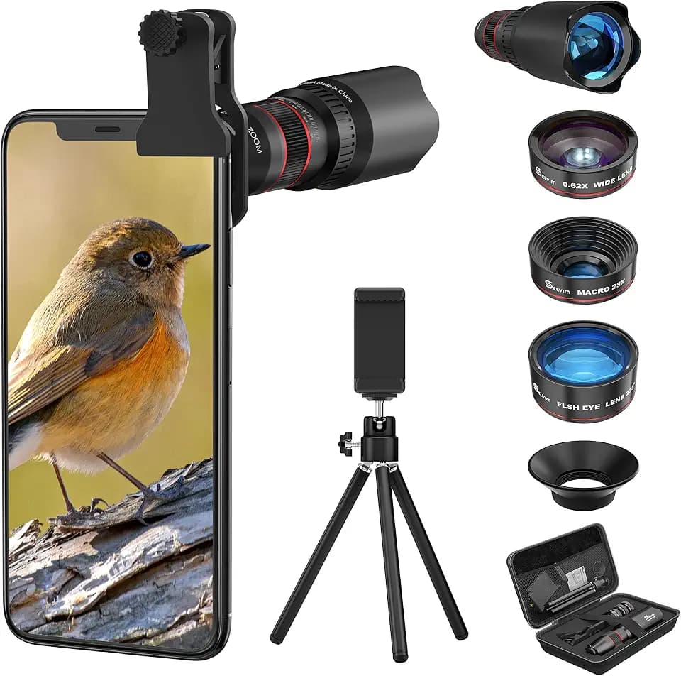 Selvim Handy-Objektiv, 9-in-1-Set mit 22 x Teleobjektiv, 235 ° Fisheye, 0,62 x Weitwinkel, 25 x Makro, Upgrade-Version mit Blu-Ray-Linsen für bessere Auflösung, Universal iOS Android