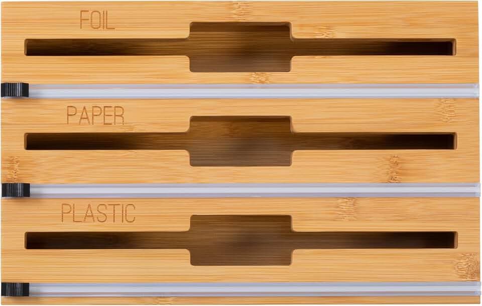 Honey-Can-Do Bamboo Wrap Organizer with Safety Cutter — 3-in-1 Drawer Holder for Aluminum Foil, Wax & Parchment Paper, and Plastic Wrap (Fits 12" Rolls)