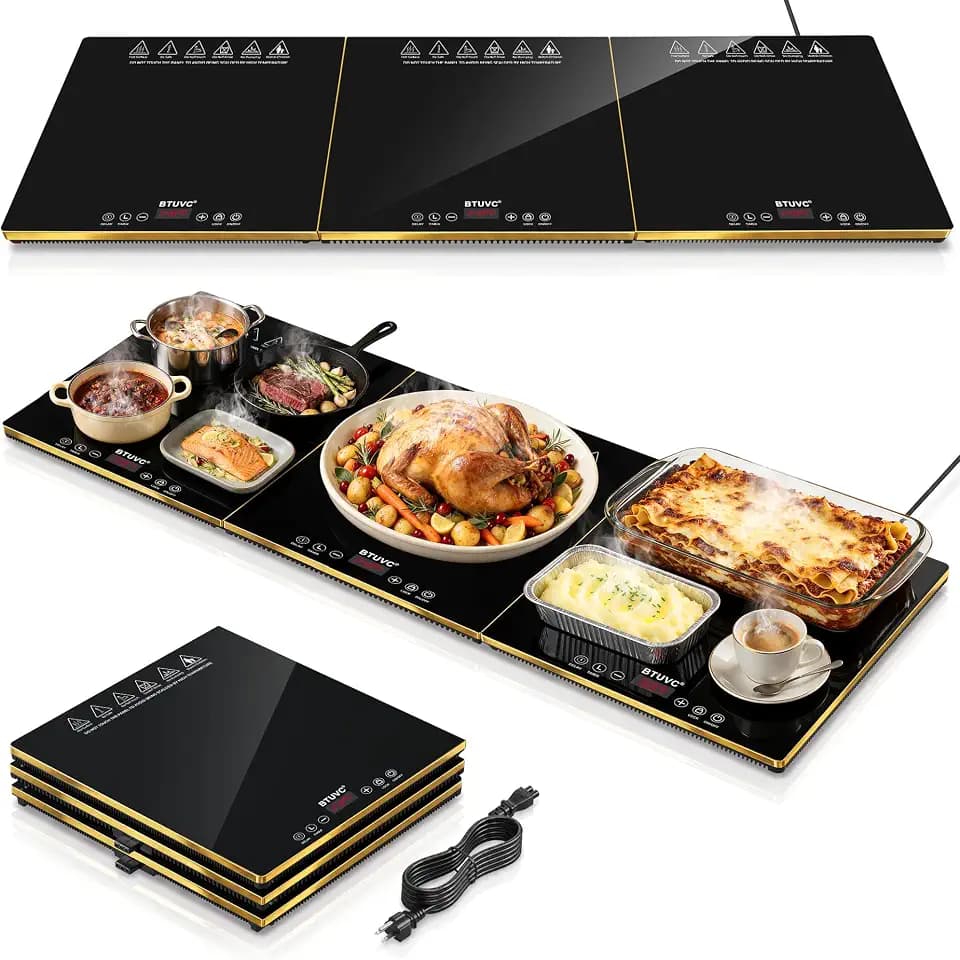 Electric Warming Trays For Buffets Party,3-in-1 Modular Food Warmers For Parties Buffet with Independent Temp Control,36'' x 16" Black & Gold Glass Warming Mat For Food Gatherings,Catering