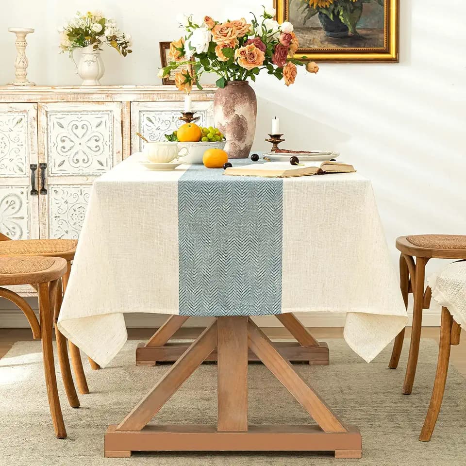 SIELUNO Rectangle Tablecloth Cotton Linen Waterproof Table Cloth Rustic Farmhouse Table Cover for Holiday Parties Christmas Kitchen Dining Decoration-Beige and Blue -54"x70"