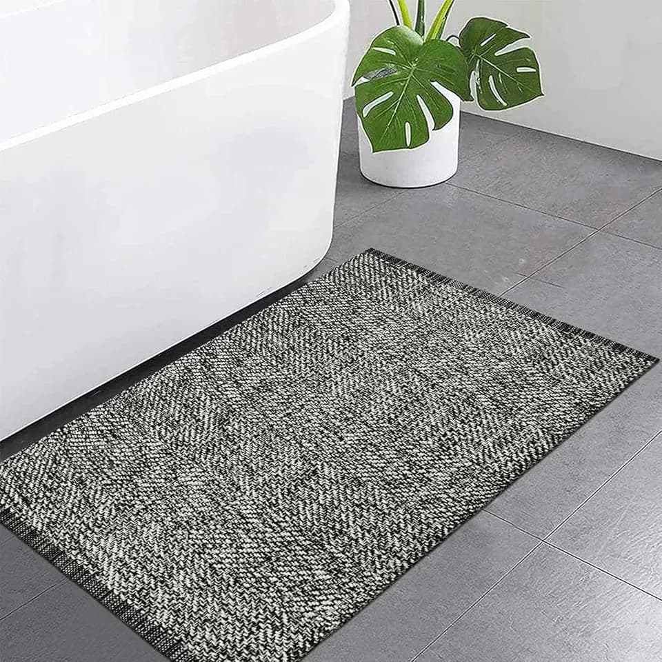 LEEVAN Washable Black and Cream Bathroom Rug, Cotton Woven Kitchen Rugs