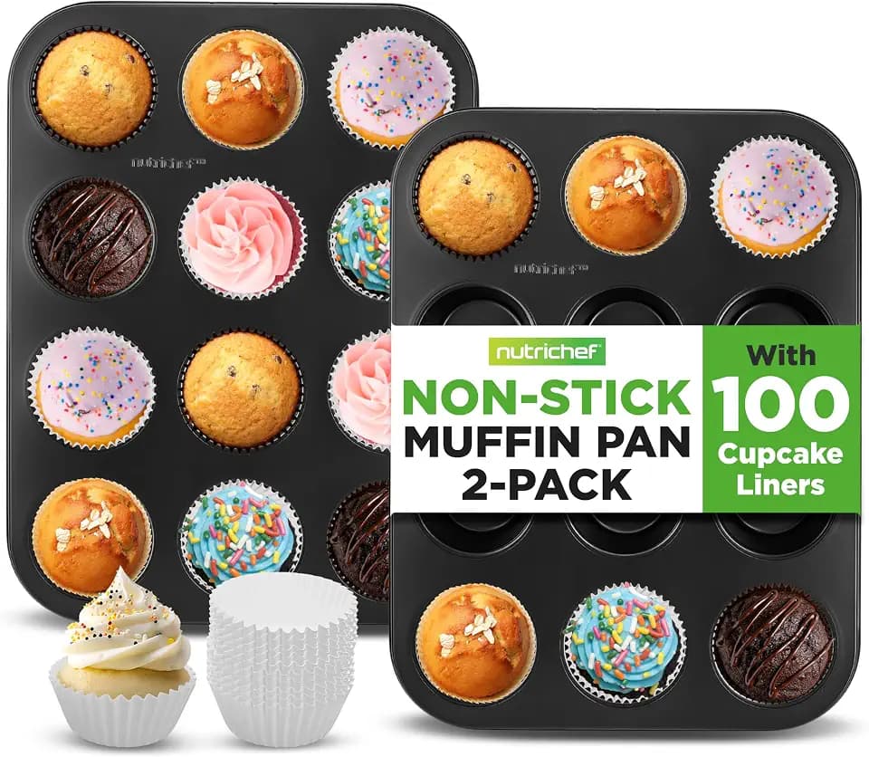 NutriChef Muffin Pans for Baking 2-Pack | Nonstick 12 Mold Cupcake Tins | Carbon Steel Stackable Cup Cake Trays | Dishwasher & Oven Safe | Includes 100 Parchment Paper Liners | 13 x 10 x 1 | Black