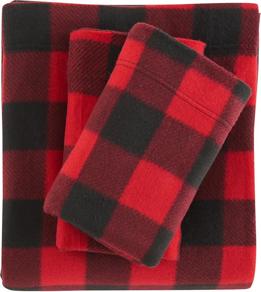 Viviland Plush Micro Fleece Buffalo Plaid Red and Black Holiday Full Bed Sheet Set - Soft Polar Velvet Sheets - Extra Warm Winter Flannel Bed Sheets with Deep Pocket - Christmas Sheet - Full