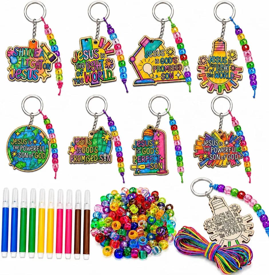 Cinrobiye VBS 2026 Wooden Keychain Craft Kit, 24 Sets Color Your Own Jesus Light of the World Keychains with Beads, Christian Craft for Sunday School, Bible Class, Church VBS Activities