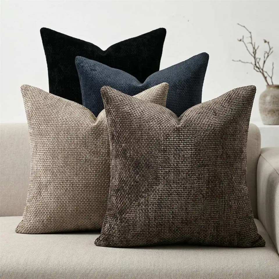 Neutral Set of 4 16x16 Inch Chenille Throw Pillow Covers, Soft Decorative Couch Pillow Covers, Solid Square Cushion Cases for Sofa Bed Living Room Home Decor (Light Brown, Brown, Navy, Black)