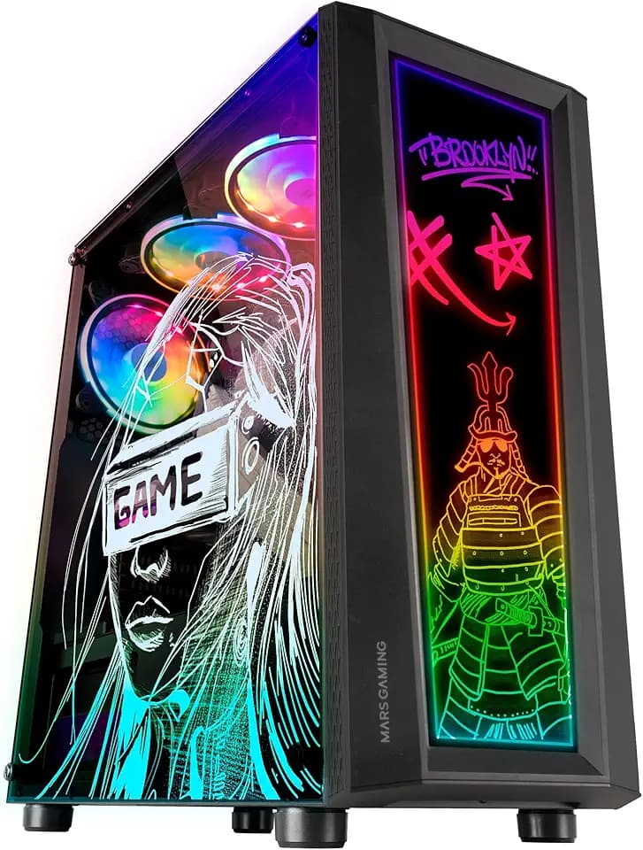 Mars Gaming MC-Art Schwarz, PC Gaming ATX Gehäuse, Doppelt Zeichnbar Gehärtetes Glas, ARGB 12 Mode, 12cm Lüfter, MCART