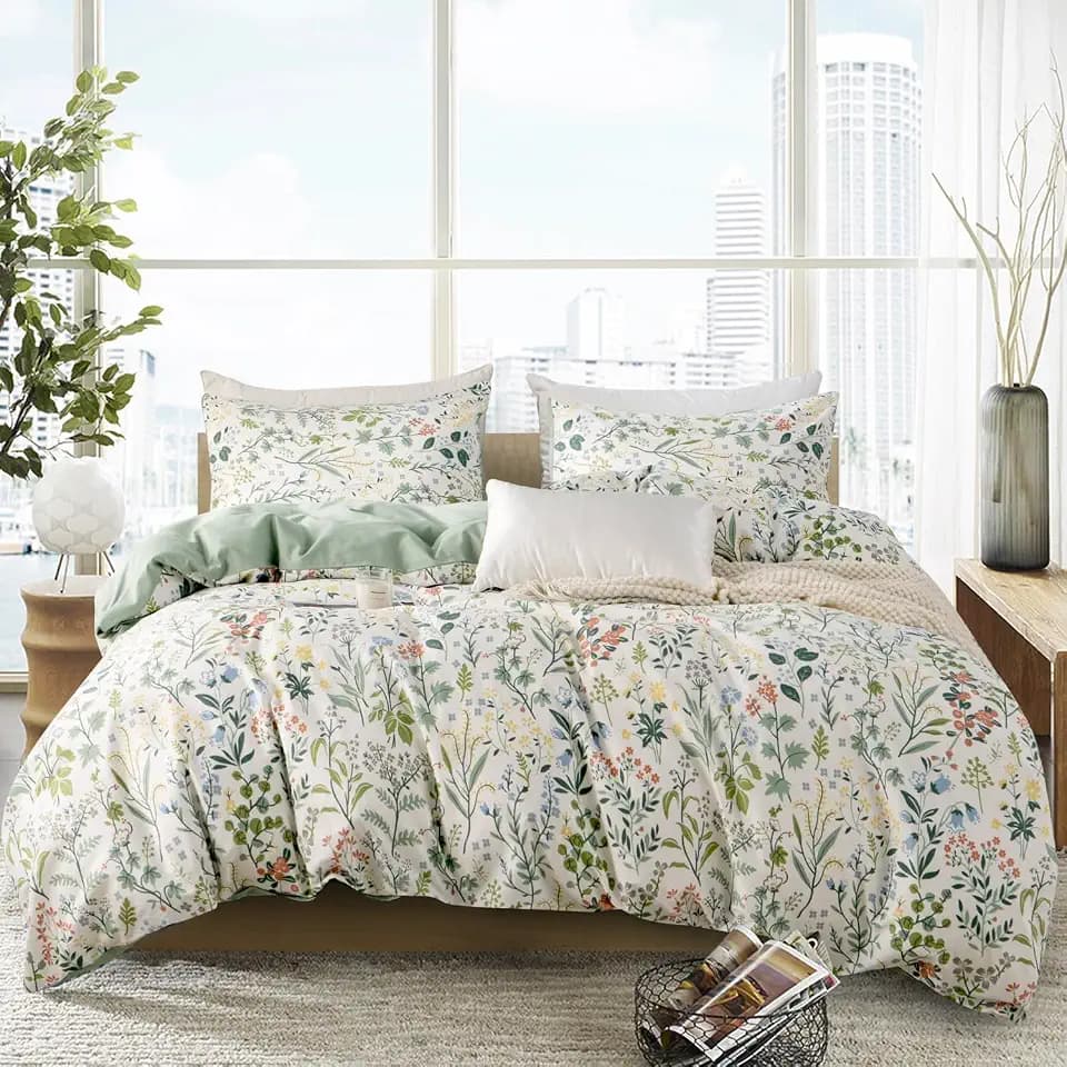Garden Style Floral Duvet Cover, 3pcs Reversible Green Pattern-Solid Design Cotton Bedding Set for All Seasons 1 Duvet Cover and 2 Pillowcases with Zipper Closure (Floral, Queen)