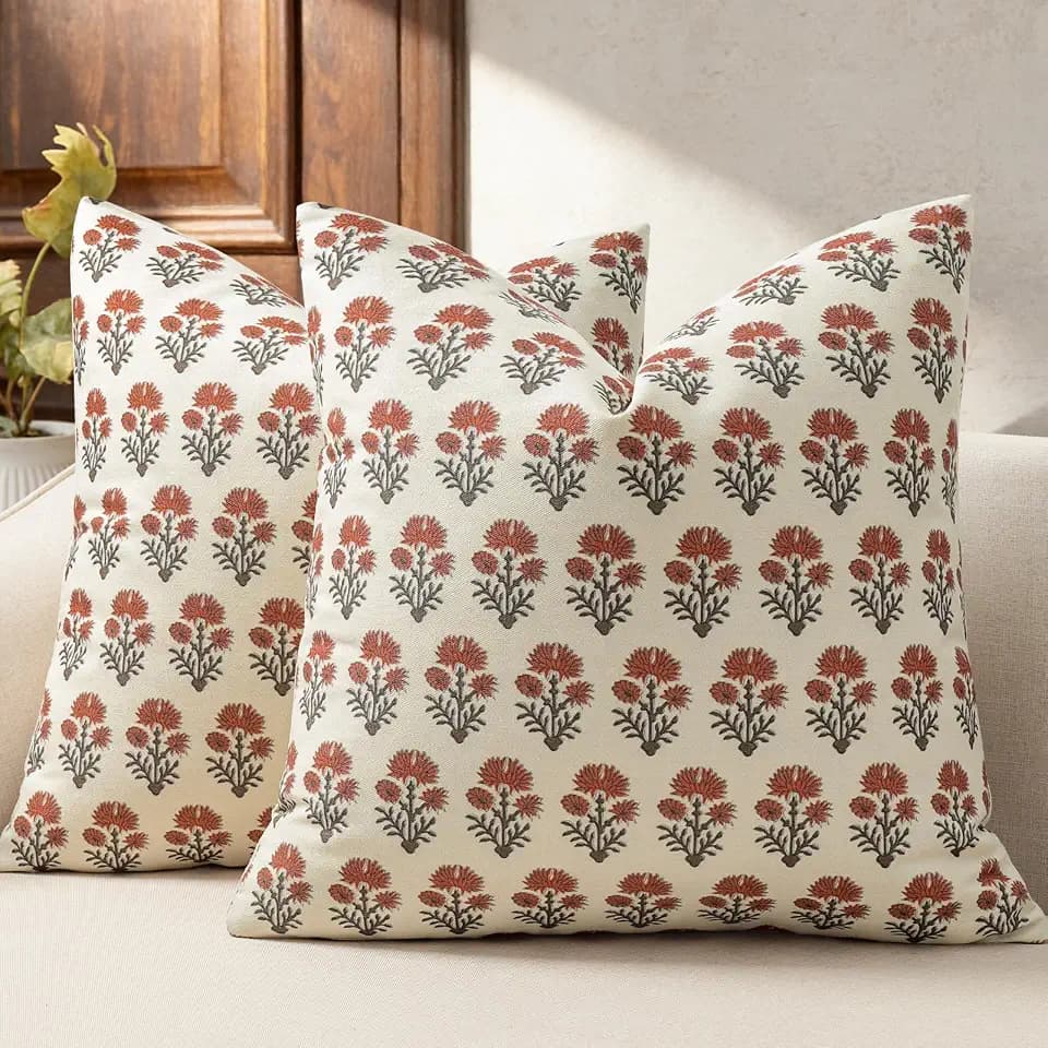 Farmhouse Floral Pillow Covers 22x22 Set of 2, Country Botanical Throw Pillow Cover for Sofa Couch Bed Living Room, Earthic Vintage Flower Cushion Covers Cottage Home Decor,Terracotta
