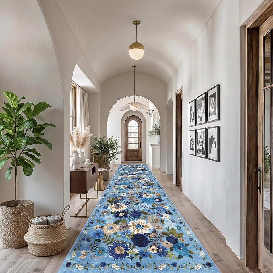 Blue Floral Hallway Runner Rug for Bedroom Kitchen