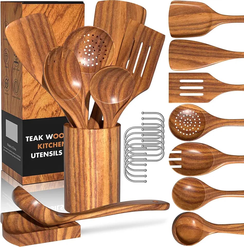 Wooden Spoons for Cooking, 10 Pcs Teak Wood Utensil Set for Nonstick