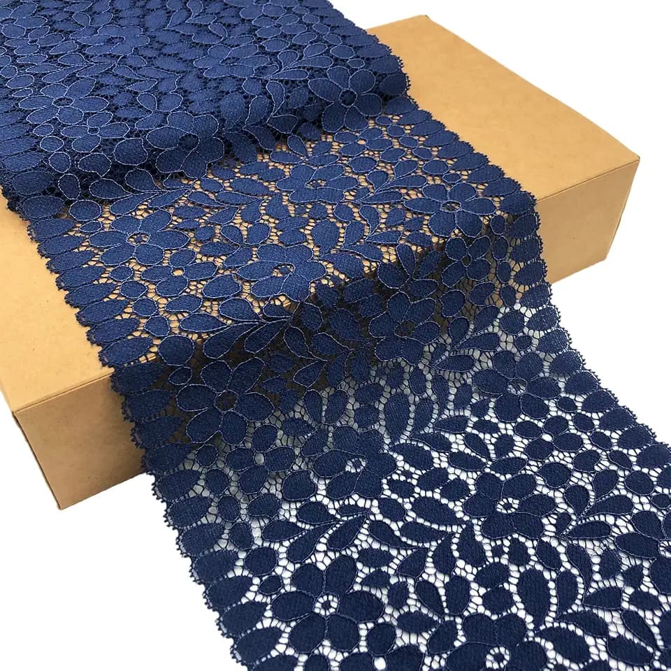 LaceRealm 7 Inches Wide Floral Stretchy Lace Elastic Trim Fabric for Garment & DIY Craft Supply- 5 Yard (5948 Navy)