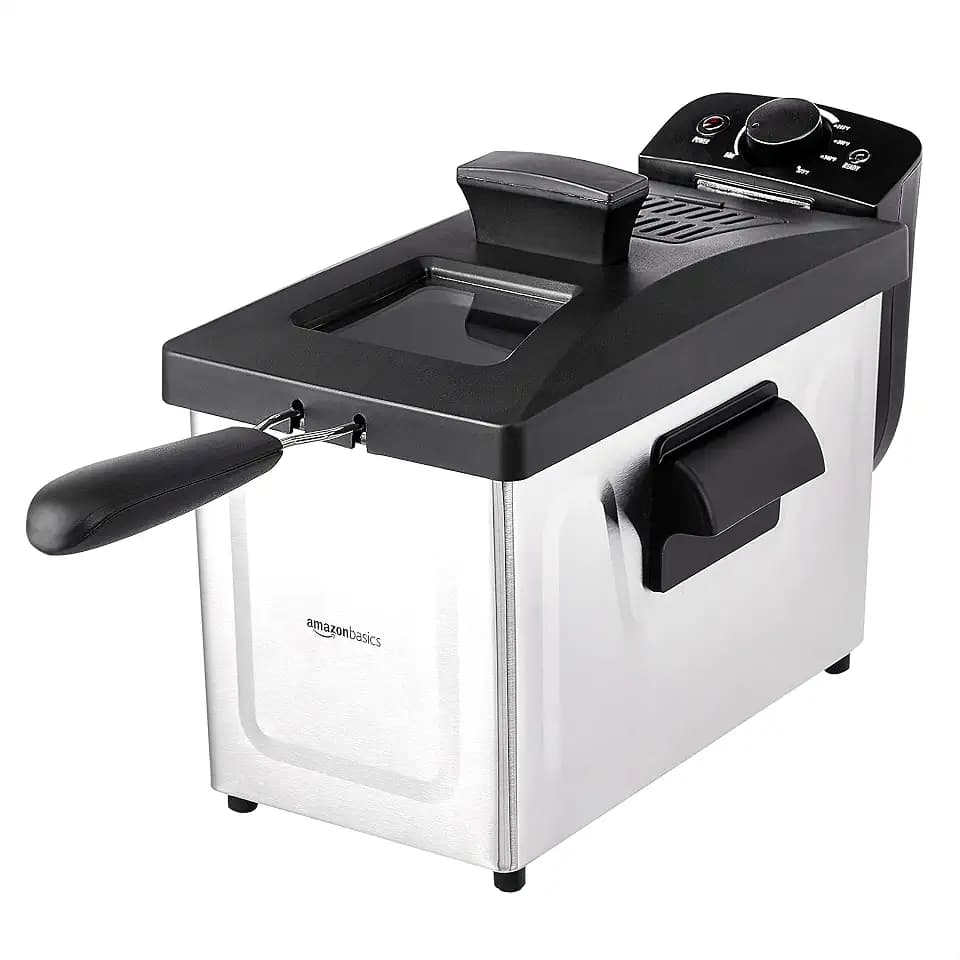 Amazon Basics 3.2-Qt (3.0L) Electric Deep Fryer with Adjustable Temperature Control, Easy Draining Basket, Viewing Window, Fast-Heating 1500W, Stainless Steel Exterior, Black & Silver
