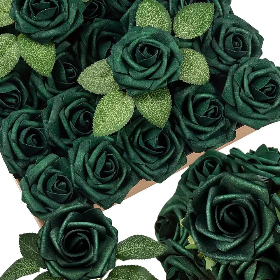 25pcs Emerald Green Artificial Flowers Foam Fake Dark Hunt Green Rose with Stems 8 Leaves Real Looking Faux Roses for Wedding Bouquets Bridal Shower Centerpieces Arrangements Party Tables Decorations