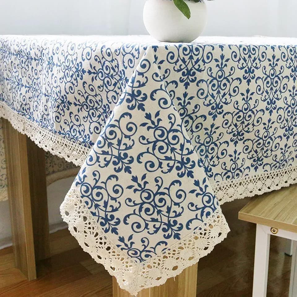 LeLehome Elome 55 inch x 71 inch Oblong Vintage Baroque Flowers Pattern Tablecloth, Washable Cotton Linen Fabric Lace Dinner Picnic Coffee Party Table Cloth Home Decor Cover