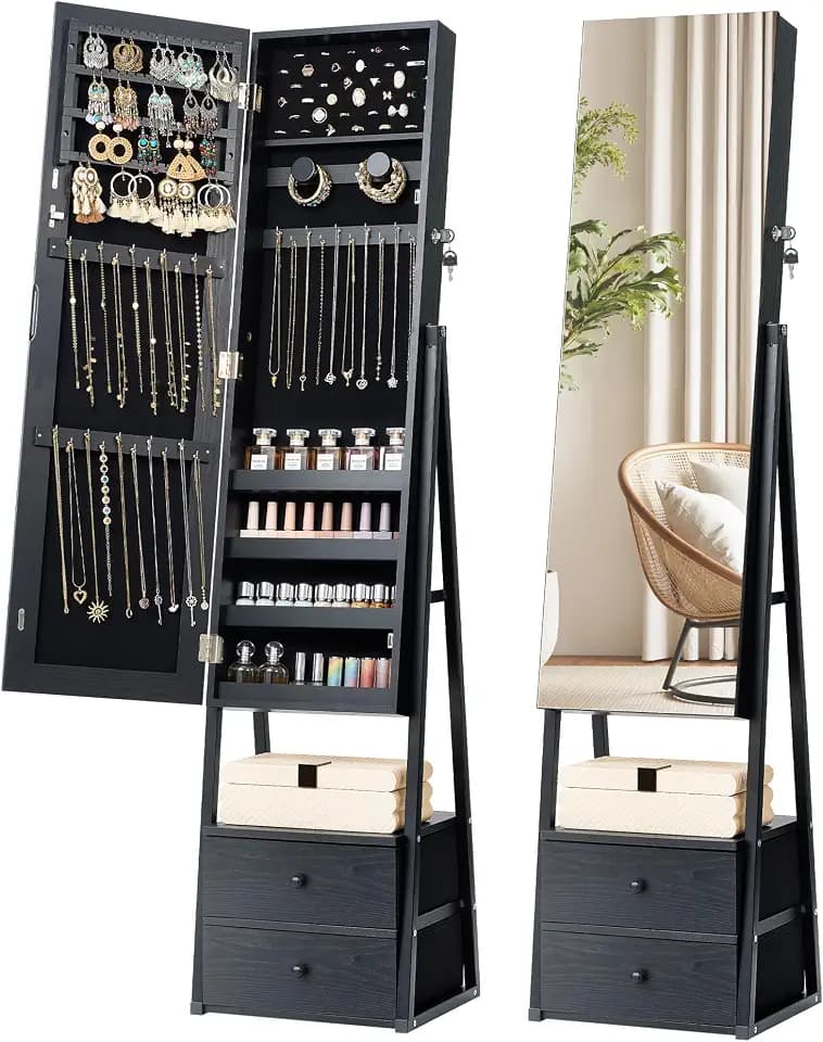 Nicetree Jewelry Cabinet Armoire, 2 Drawers, Full Length Mirror, Black